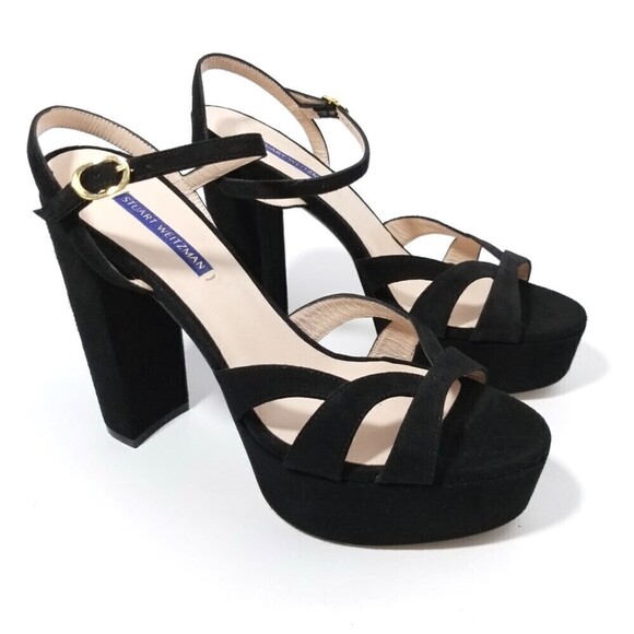NWT Stuart Weitzman Misty 90s Platform Black Suede Strappy Chunky Block Heel 9.5 - Picture 5 of 13